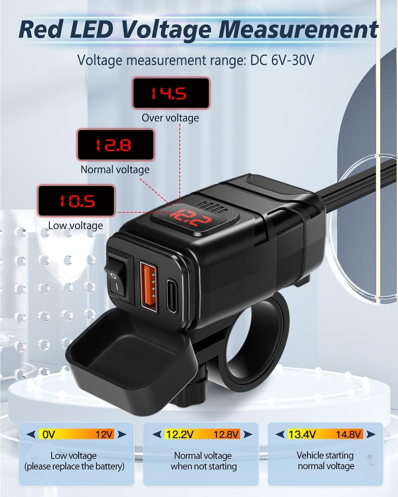 EXTRACTME Motorcycle Phone Charger, 6.4A Dual USB Type C PD & Quick Charge 3.0 Motorcycle USB Charger with Voltmeter & ON/Off Switch, Waterproof Motorcycle Accessories for Phone, Tablet, GPS, etc - Image 3